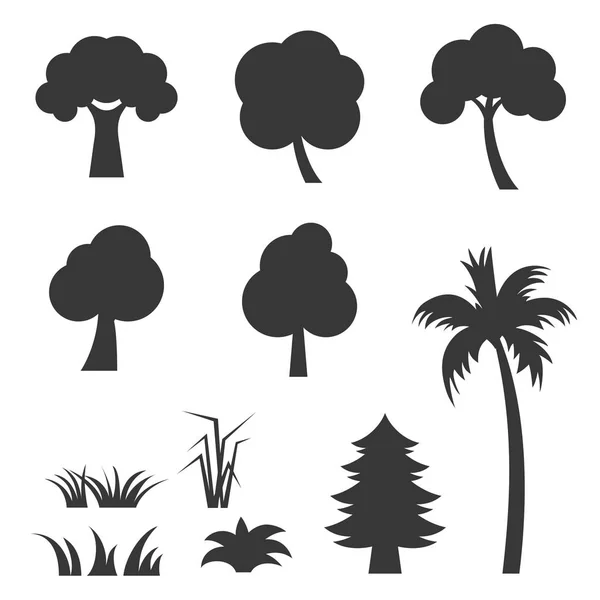 Silhouette Baum und Gras Vektor Icon Set. — Stockvektor