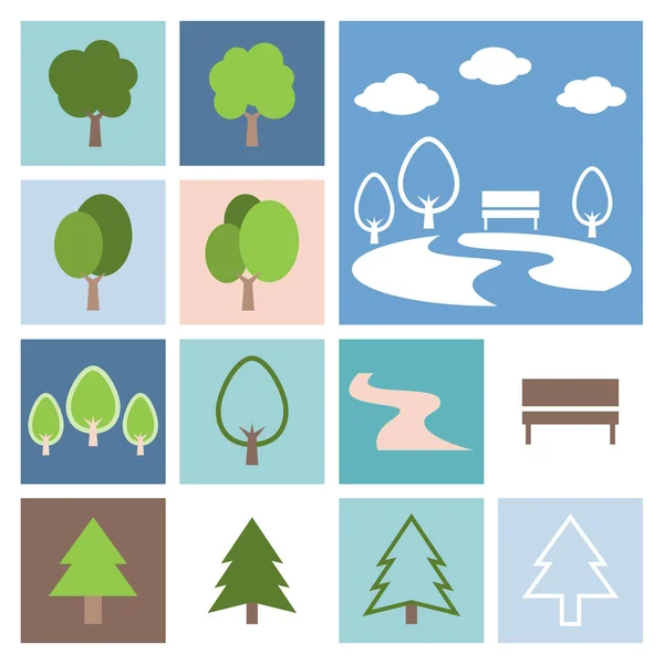 Park und Baum Icon Set, flaches Design — Stockvektor