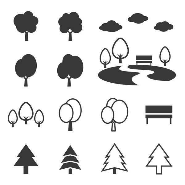 Silhouette Park Icon Set wie Bäume, Wald und Bank Vektor Icons — Stockvektor