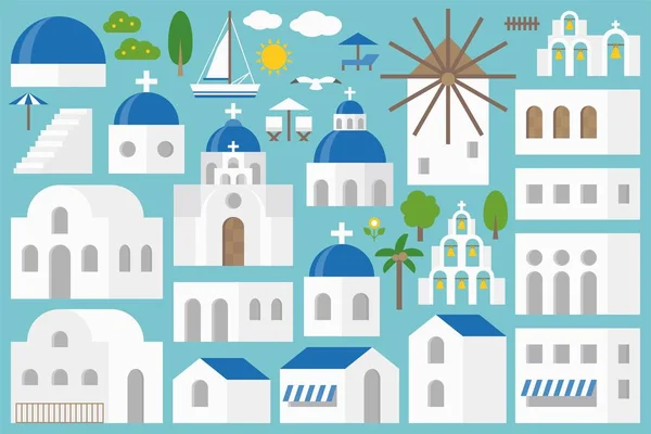 Santorini Elementos Constructor Conjunto Incluyen Iglesia Campana Silla Playa Sombrilla — Vector de stock