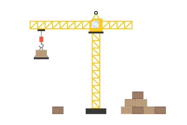 Guindaste Torre Construção Amarelo Com Gancho Guindaste Carregando Uma Caixa —  Vetores de Stock