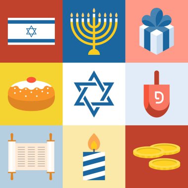 İsrail ve Hanuka festival Icons set, Yedi Kollu Şamdan, topaç, Tevrat, düz tasarım vektör