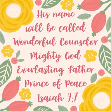 Tatil, çiçek ile İncil alıntı Isaiah hakkında İsa Noel için gelen ve karalamalar elle çizilmiş stil, Yazdır veya duvara poster olarak kullanılan için yaprakları