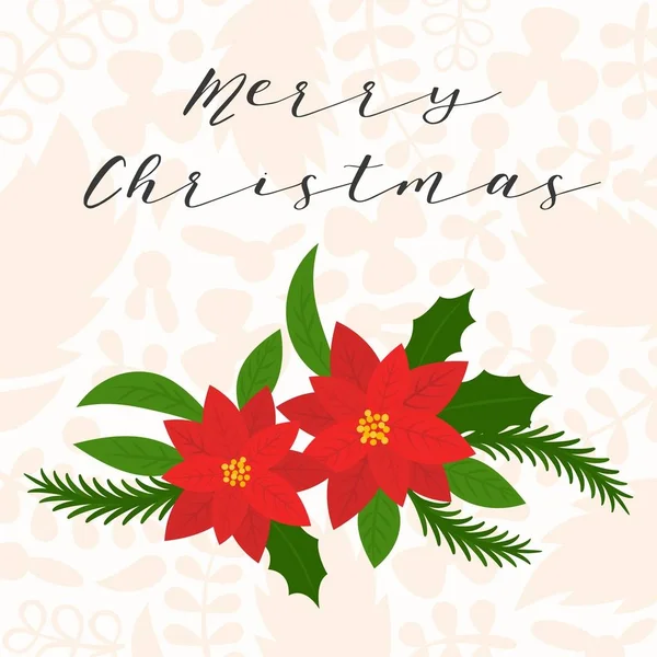 Feliz Navidad Letras Mano Con Póster Poinsettia Diseño Plano — Vector de stock
