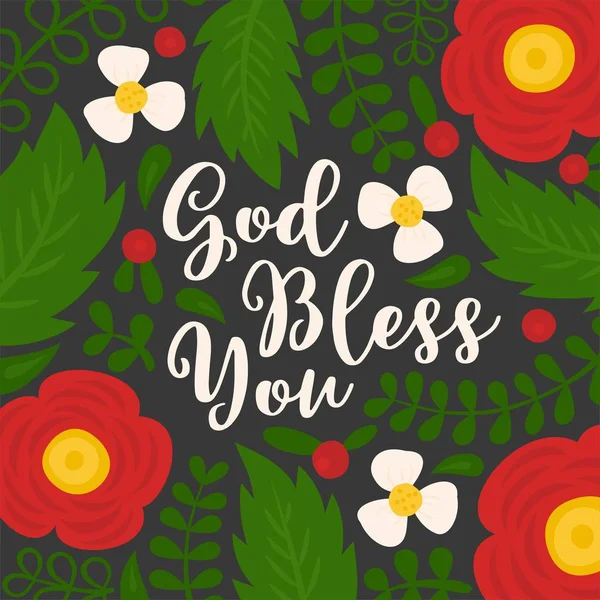 God Bless You Hand Lettering Quote Floral Leaves Doodles Used — Stock Vector
