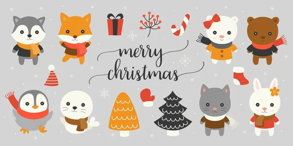 Xmas Karakter Elementen Met Merry Christmas Hand Belettering Lettertype Voor — Stockvector