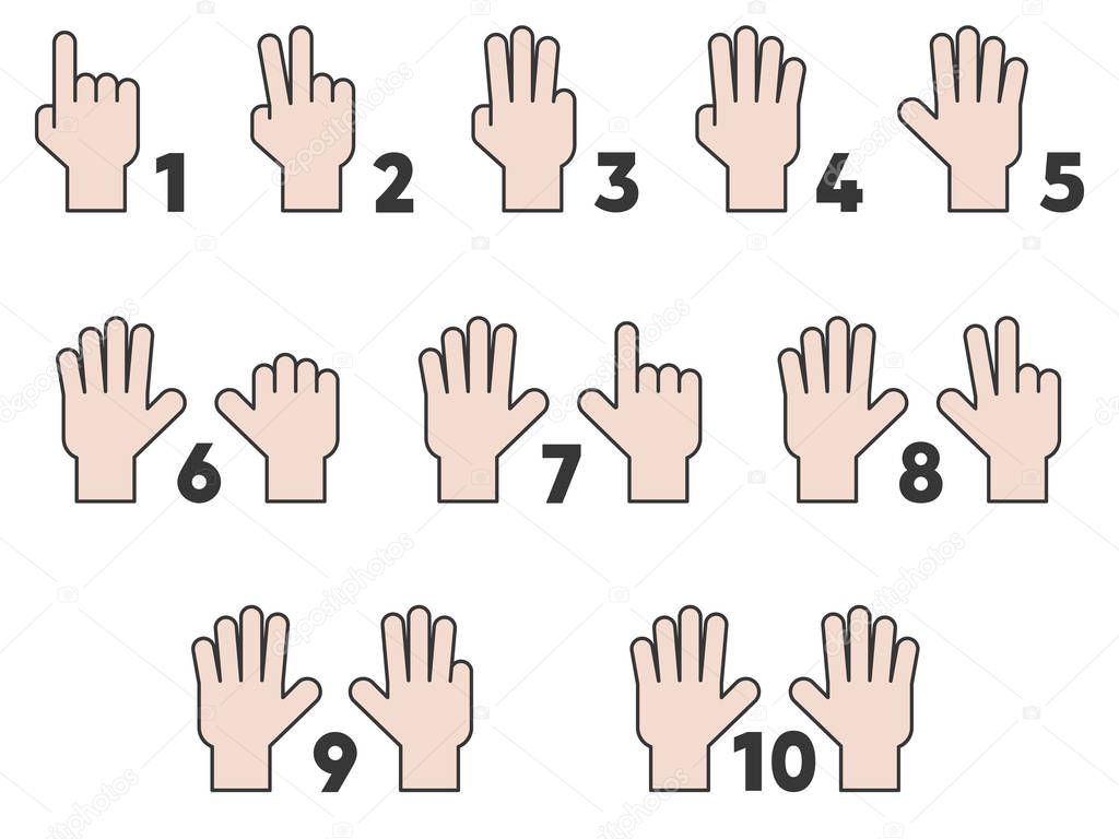 children hand counting number one to ten, teaching material resource for kindergarten, flat design vector