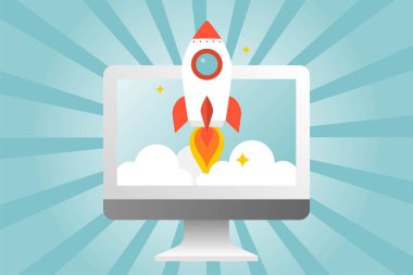 başlangıç kadar başlatılması ve İnovasyon kavramı, bilgisayar ekranından sunburst arka plan üzerinde uçan roket 