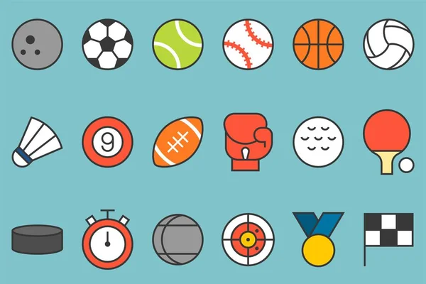 体育图标集 如足球 羽毛球 保龄球 扁线色彩设计 — 图库矢量图片