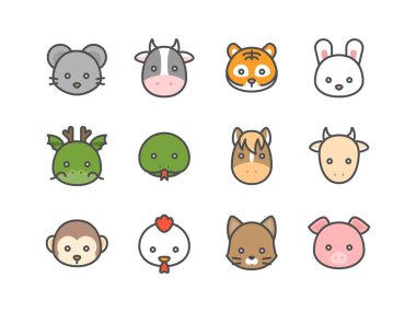 Sevimli çizgi Çince Zodyak dolu simgesi, sıçan, inek, kaplan, tavşan, ejderha, yılan, at, keçi, maymun, horoz, köpek ve domuz, yüzü boyutu 128 px