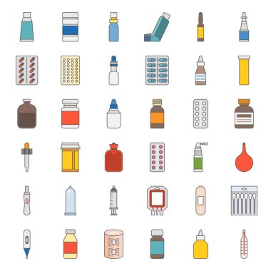 Tıp, antibiyotik, alçı, öksürük şurubu, burun spreyi, prezervatif, Damlalık, pamuk bud, şırınga, ağrı kesici, ağız spreyi, antiseptik krem gibi eczane öğe anahat simgesini piksel mükemmel dolu