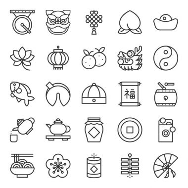 Chinese new year outline icon, fan, noodle, teapot, lion dance, dragon, gold coin, mandarin orange, cap, firecracker clipart