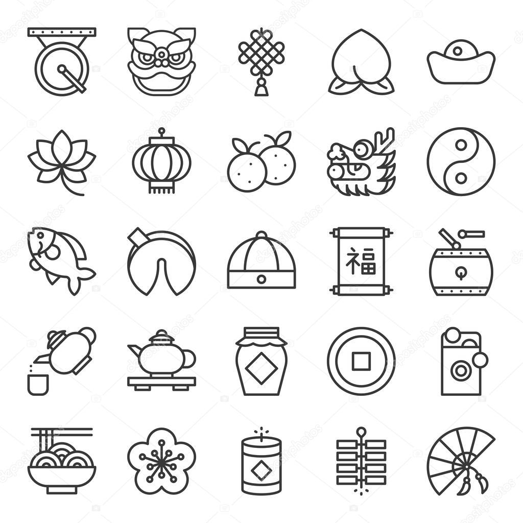 Chinese new year outline icon, fan, noodle, teapot, lion dance, dragon, gold coin, mandarin orange, cap, firecracker