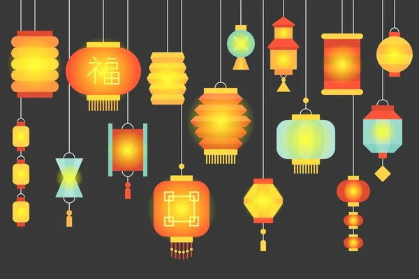 Nachtscène Van Traditionele Chinese Lampion Voor Chinees Nieuwjaar Mid Herfst — Stockvector