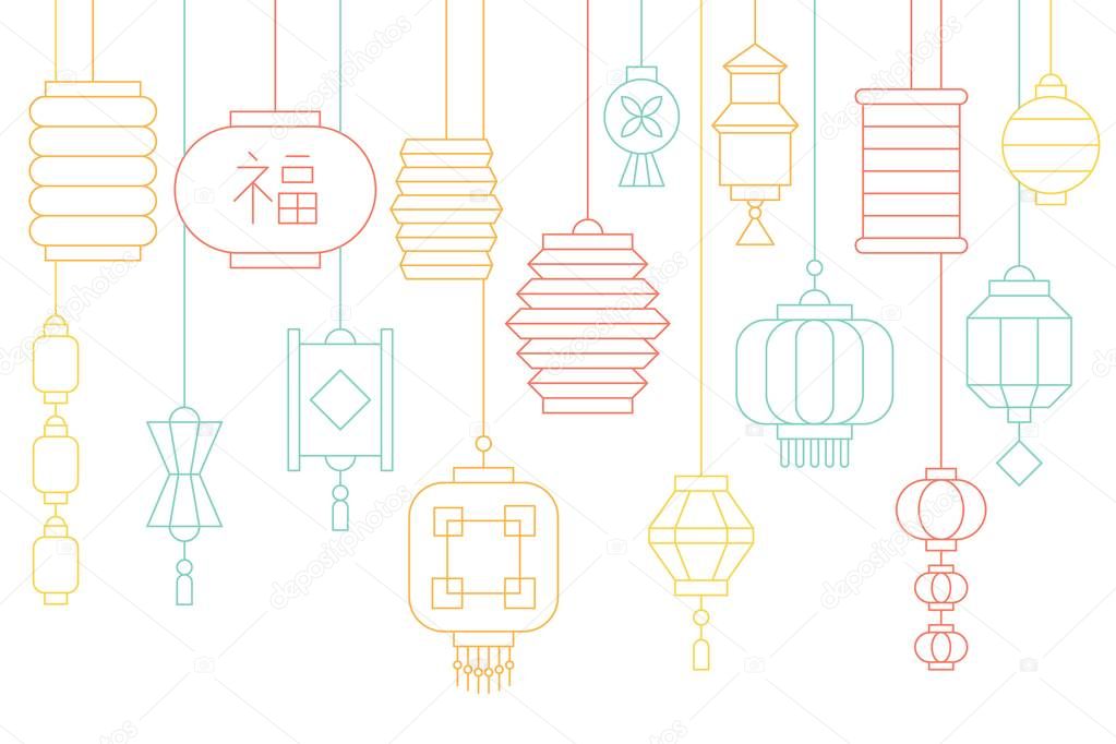 Chinese lantern banner for lunar new year and mid autumn festival, thin line illustration
