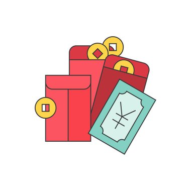 Çin yeni yılı cep harçlığı, altın, yuan banka ve kırmızı zarf, anahat simgesini dolu