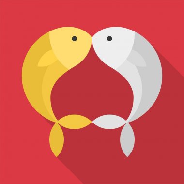 Ay yeni yıl ve Sevgililer günü için kırmızı zemin üzerine düz öpüşme altın ve gümüş balık tasarım