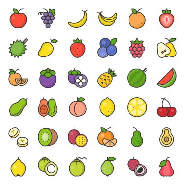 Anahat simge seti, portakal, kivi, Hindistan cevizi, muz, papaya, şeftali, tropikal meyve gibi sevimli meyve dolu