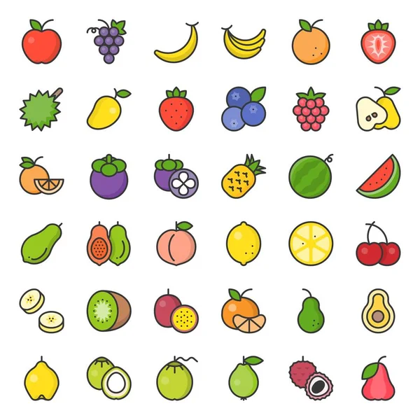 Lindo Conjunto Iconos Contorno Lleno Frutas Como Naranja Kiwi Coco — Archivo Imágenes Vectoriales
