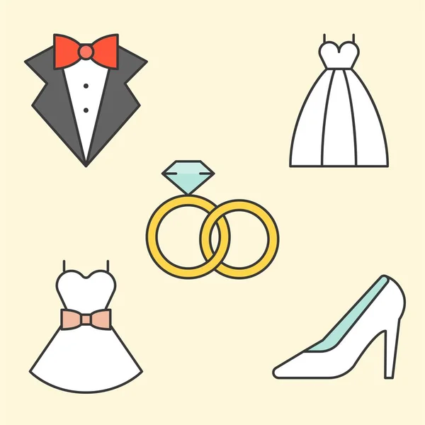 Svatební Šaty Smoking Prsteny Svatební Boty Vyplněné Obrys Ikonu — Stockový vektor