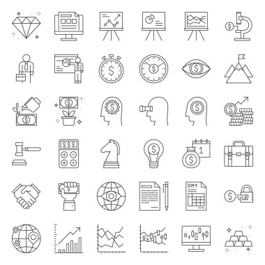 Yatırım ve iş analiz etmek, ince çizgi Icon set