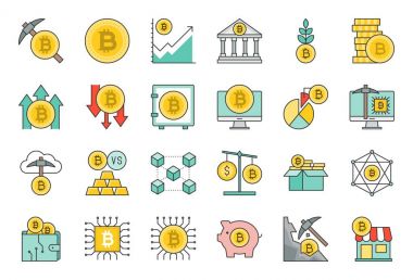 Kripto para birimi kavramı, bitcoin kabul mağaza, bloğu zinciri, bitcoin madencilik, Döviz Alım Satım, cüzdan, bulut sistemi, fiyat ve fiyat aşağı, yatırım, doldurulmuş anahat simgesini çağırdın