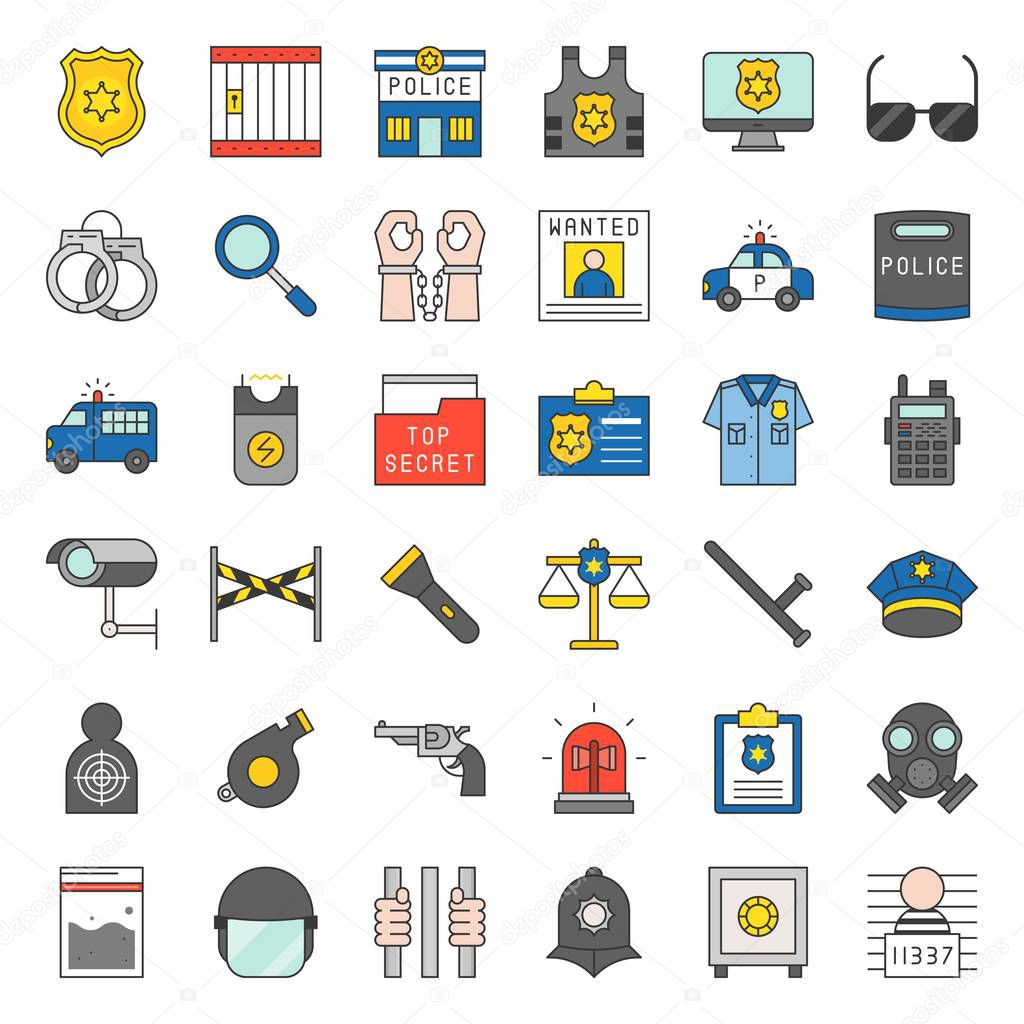 Police related icon set, filled outline design vector