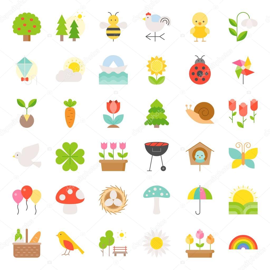 Picnic, nature and spring icon set, such as picnic basket, floral, bird, rainbow, bird nest, playing kite, sun raising, flat icon