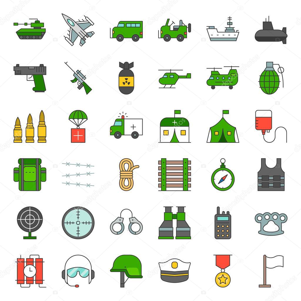 army and military icon set, filled outline design vector