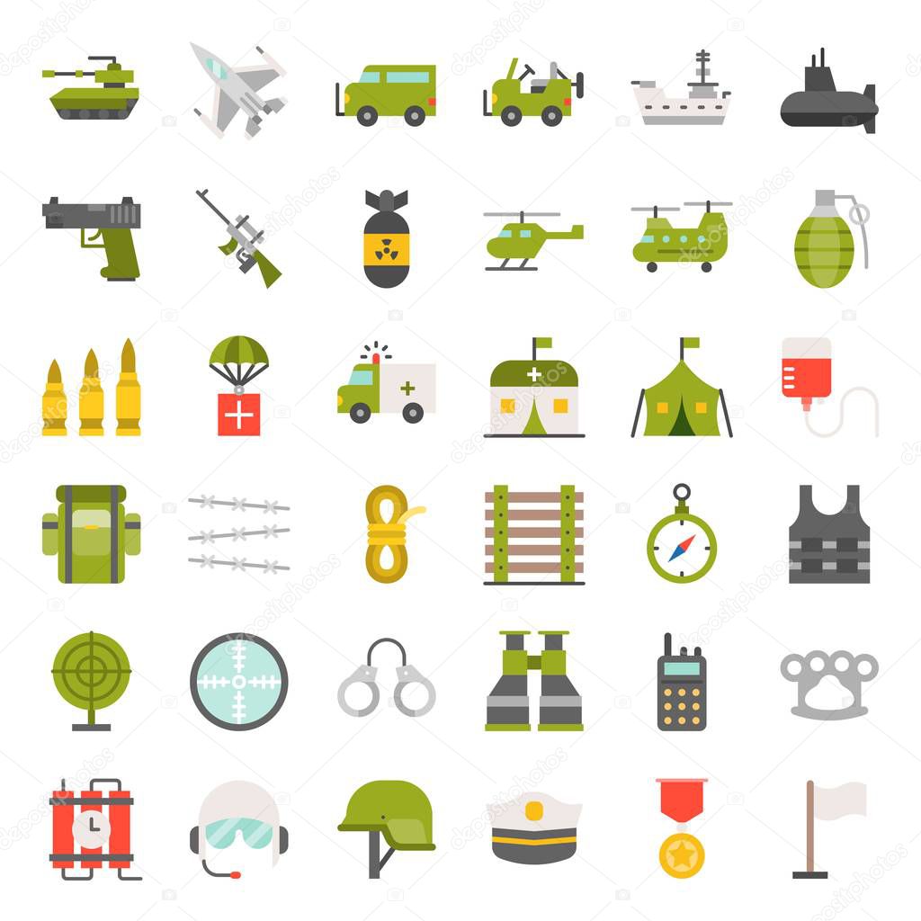 army and military icon set, flat design vector