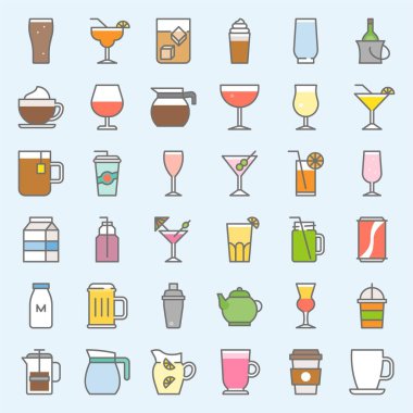 İçecek ve cam ayarla, kalın satır simge vektör dolu