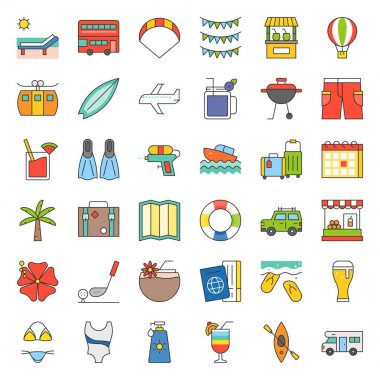 yaz tatili, deniz yaz anahat Icon set dolu.