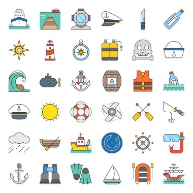 Deniz ve denizci, doldurulmuş anahat Icon set