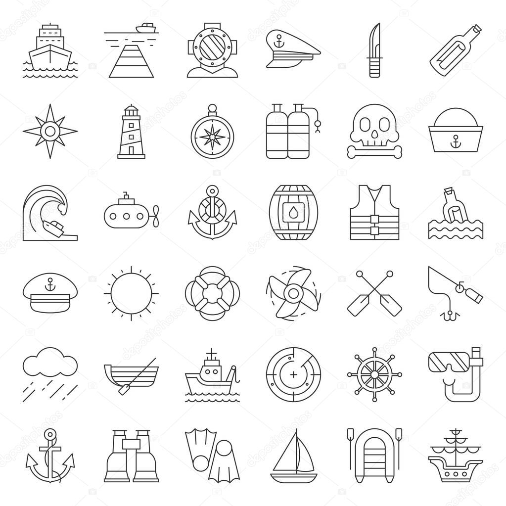 nautical and sailor, outline icon set