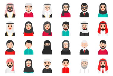 Müslüman avatar vektör simgesi kümesi, düz biçimli