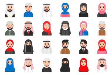 Müslüman avatar vektör simgesi kümesi, düz biçimli