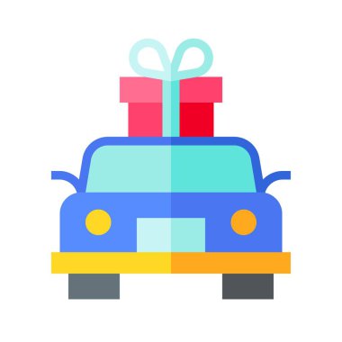 Bir araba vektör illüstrasyonunda hediye kutusu, düz biçim simgesi