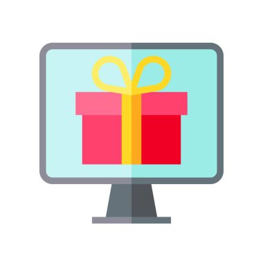 Bilgisayar ekranında hediye kutusu, düz biçim simgesi