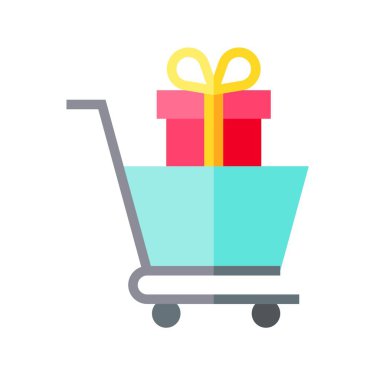 Alışveriş arabasında hediye kutusu, düz tasarım simgesi