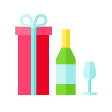 Şişeli hediye kutusu ve cam vektör çizimi, düz stil I