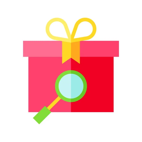 Magnifying glass looking at Gift box, flat style icon — 스톡 벡터