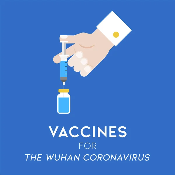 ワクチン 武漢ウイルスまたはコロナウイルス関連のベクターイラストと注射器を保持手 — ストックベクタ