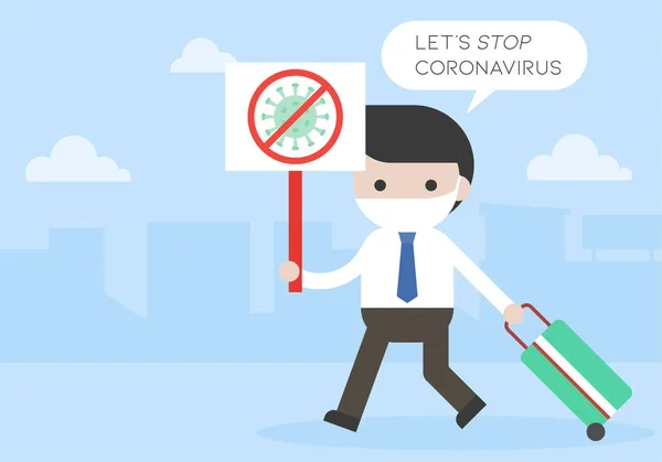 Hombre Con Señal Virus Parada Vamos Detener Coronavirus Vector Ilustración — Vector de stock