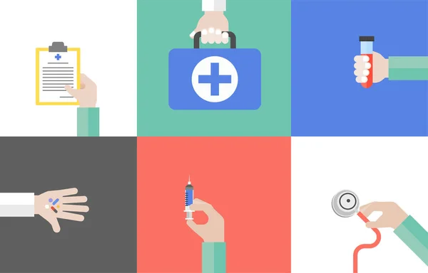 Hands Various Medical Equipment Vector Illustration Flat Style — 스톡 벡터