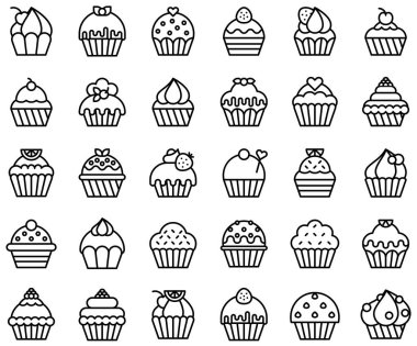 Cupcake ya da Muffin vektör kümesi, satır biçimi simgesi