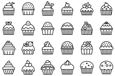 Cupcake ya da Muffin vektör kümesi, satır biçimi simgesi