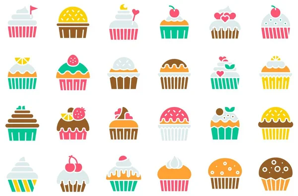 Cupcake Muffin Vektör Kümesi Düz Biçim Simgesi — Stok Vektör