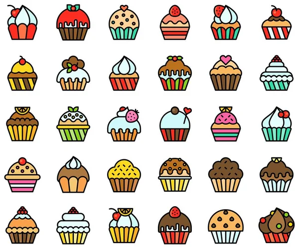 Cupcake Muffin Vektör Kümesi Doldurulmuş Biçim Simgesi — Stok Vektör