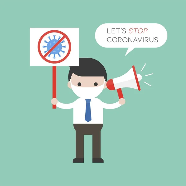 停止Coronavirus运动 男人拿着停止Coronavirus标志和扩音器 — 图库矢量图片