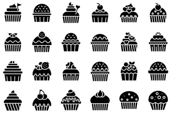 Cupcake Muffin Vektör Kümesi Katı Biçim Simgesi — Stok Vektör